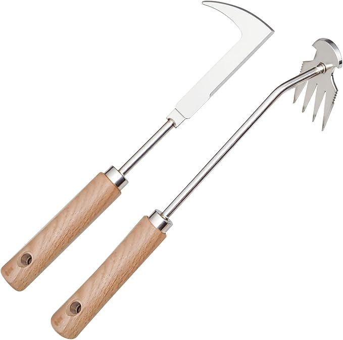 2Pcs Dritnow Weed Puller Tool and Crack Weeder, Paver Crevice Uprooting Weeding Removal Tool, 4 Claw Manual Pulling Weeders with Wood Handle for Garden, Driveway and Sidewalk