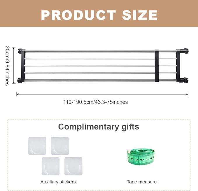 Hershii Expandable Closet Tension Shelf Rod Adjustable Metal Storage Rack Cabinet Organizer DIY Divider Separator Shelves for Wardrobe Cupboard Kitchen Bathroom, Black,43.3-75inches