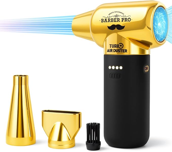 Compressed Air Duster - Electric Duster for Hair Barber, 3 Gear Mini Portable Jet Dry Air Blower, Cordless Vacuum Cleaner, for PC, Office,Salon, Fan, Laptop, Keyboard, Car -Black Gold