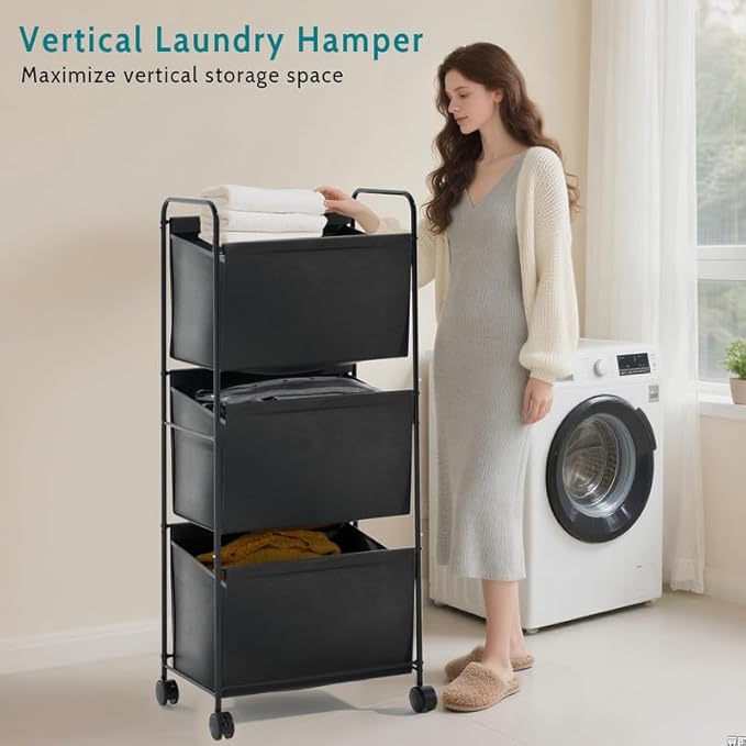 125L Vertical Laundry Hamper with Wheels, 3 Section Large Rolling Laundry Sorter with Detachable Inners, Metal Clothes Hamper Laundry Baskets Organizer for Bathroom, Bedroom, Dorm (Black)