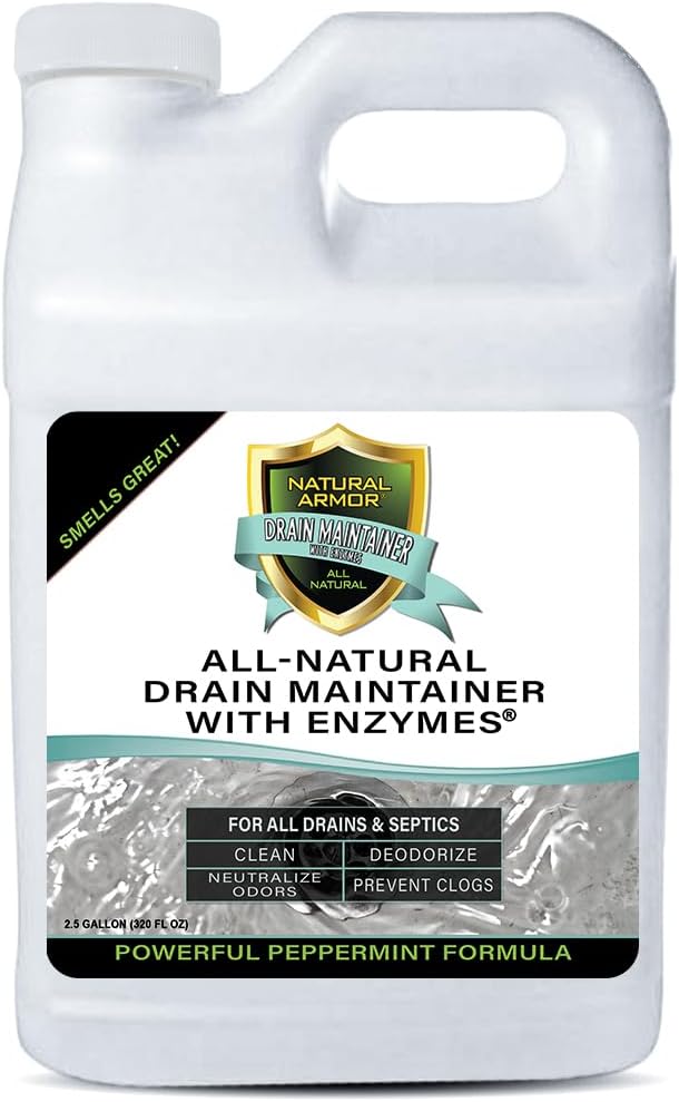 Natural Armor Enzyme Drain Maintainer - Quart Drain Cleaner with Natural Enzyme Power to Prevent Buildup & Odors - Safe for Sinks, Showers, Grease Traps & Septic - Non-Toxic Formula, 2.5 Gallon