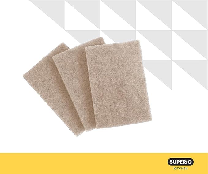 Superio Scouring Pad Non-Scratching Scrubber Non-Scratch Cleaning Scrub Pads Heavy Duty Scouring Pad Reusable Kitchen Scrubbing Pad Pack of 3 Natural