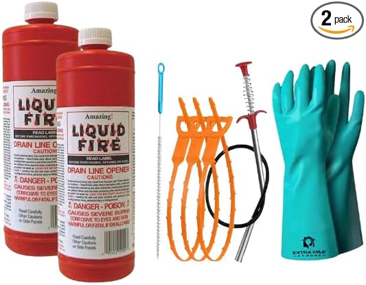 Drain Clog Remover Bundle with Two 32 fl oz Drain Cleaner Bottles, Cleaning Tools & Protective Gloves - 6 Items - Heavy-Duty Acid Formula for Tough Kitchen Sink & Shower Clogs