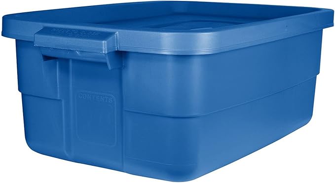 Rubbermaid Roughneck Tote 10 Gal, 6 Pack, Made in USA, Heritage Blue, Rugged Plastic Stackable Storage Bins with Lids and Handles