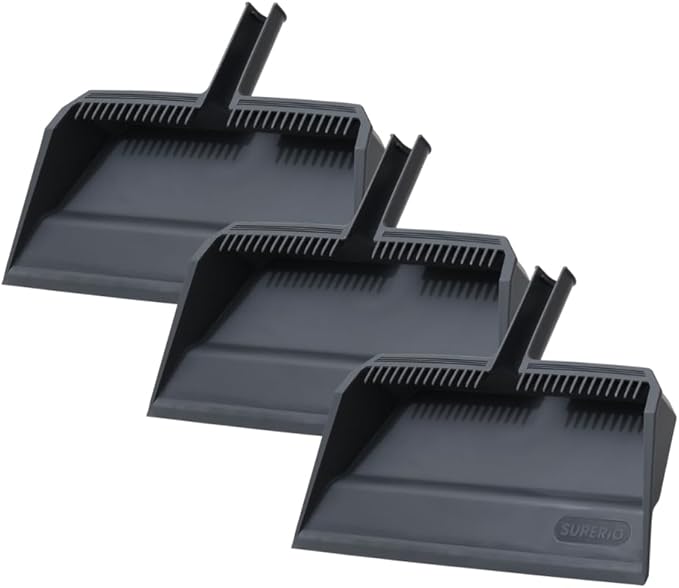 Superio 3-Pack Wide Plastic Dustpan with Comb - 16" Wide, Rubber Lip, Broom Handle Clip, Grey