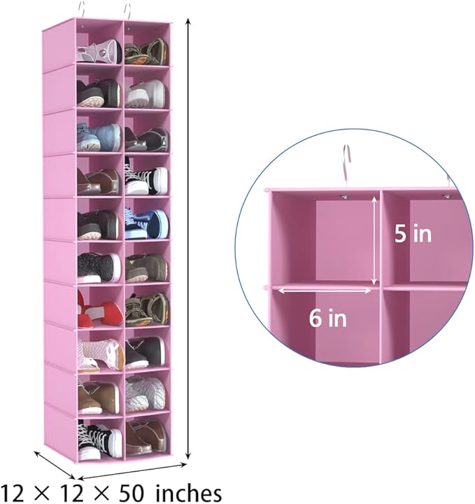 Libeder Hanging Shoe Organizer for Closet, Hanging Closet Organizers 20 Section Shoe Shelves, Space Saving Shoe Holder & Storage, Pink, 12''W×12''Dx 50''H