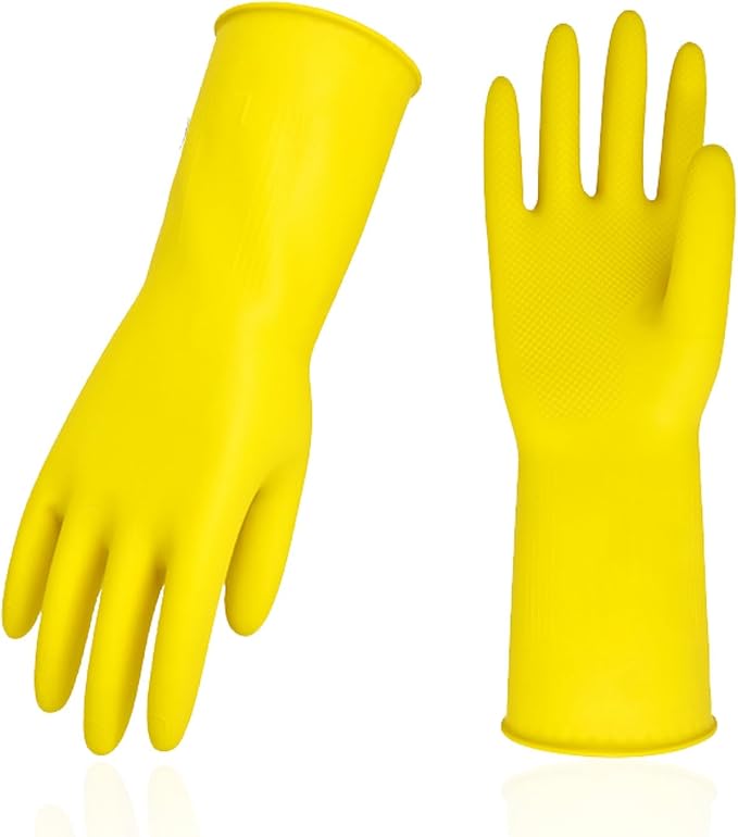 Vgo... 1-Pair Reusable Household Gloves, Rubber Dishwashing gloves, Extra Thickness, Long Sleeves, Kitchen Cleaning, Working, Painting, Gardening, Pet Care (Size L, Yellow, HH4601)