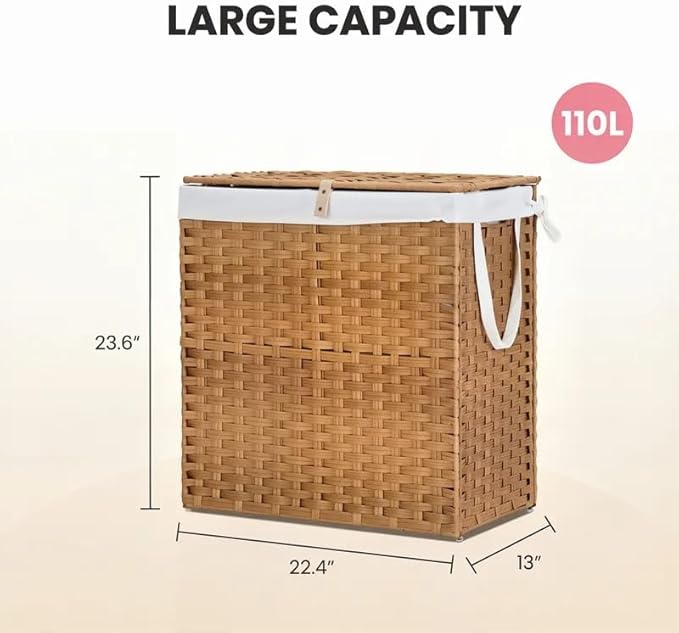 Laundry Hamper with Lid, 110L Foldable Laundry Basket with Removable Liner Bags, Handwoven Synthetic Rattan Clothes Hamper for Bathroom, Bedroom, Laundry Room, Yellow