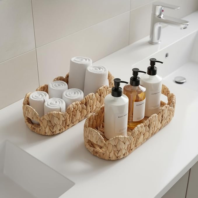 2 SAME SIZE Toilet Paper Storage Basket,Back of Toilet Storage,Boho Decor Small Scalloped Baskets for Bathroom Toilet Tank,Natural Water Hyacinth