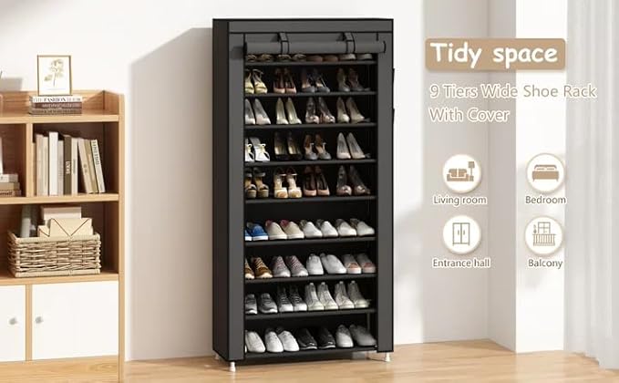 Calmootey 9 Tier Shoe Rack Organizer,Portable Shoe Shelf with Nonwoven Fabric Cover for Closet Hallway,Bedroom,Entryway,31.50x11.81x62.99inches,Grey