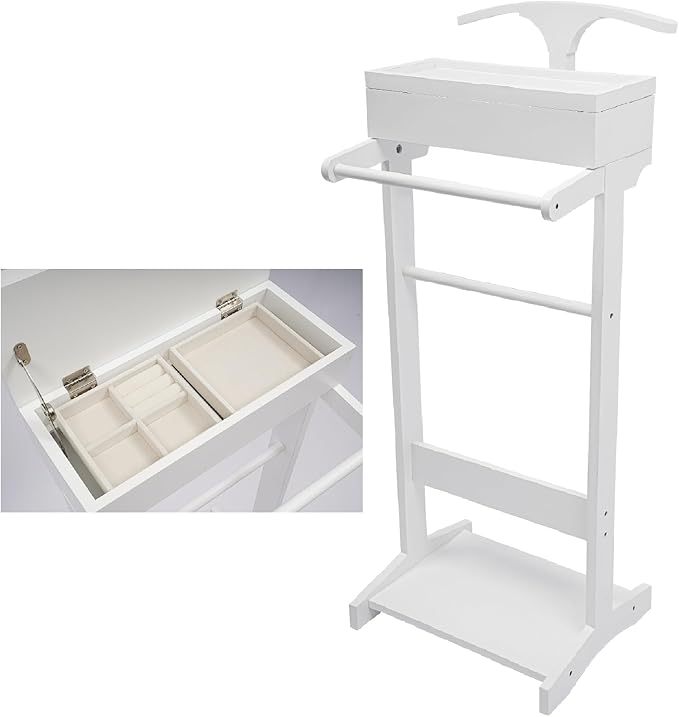 Clothing Rack, Wood Suit Clothes Stand with Drawer, Practical Freestanding Clothes Stand with Top Tray for Men, Women, Organizes Ties, Belts, Shoes, 22Ibs Capacity, Modern White