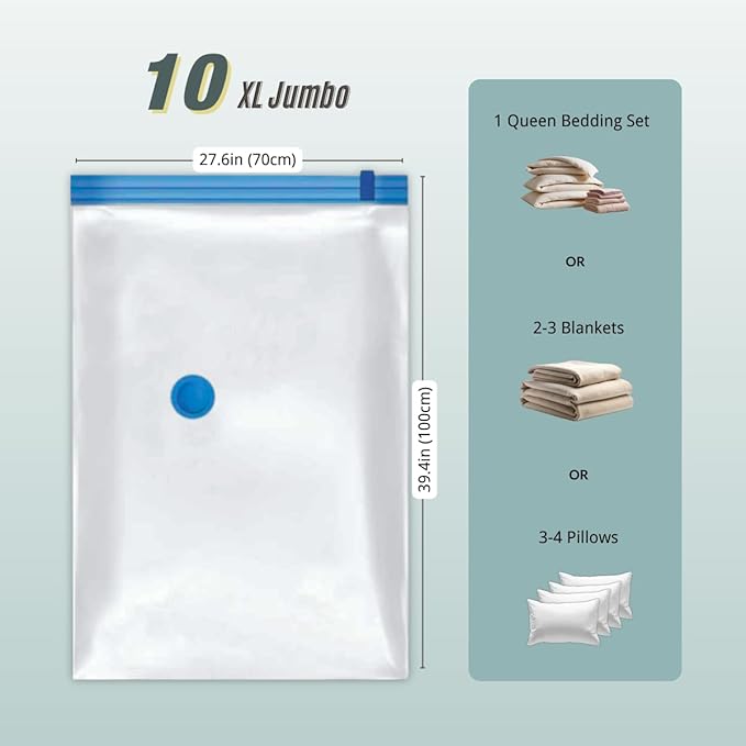 10 XL Jumbo Vacuum Storage Bags with Pump, Extra Large Compression Space Saver for Comforter, Duvet, Bedding, Blanket Storage, Vacuum Seal Bags for Clothing, Luggage Suitcase and Closet Organizer