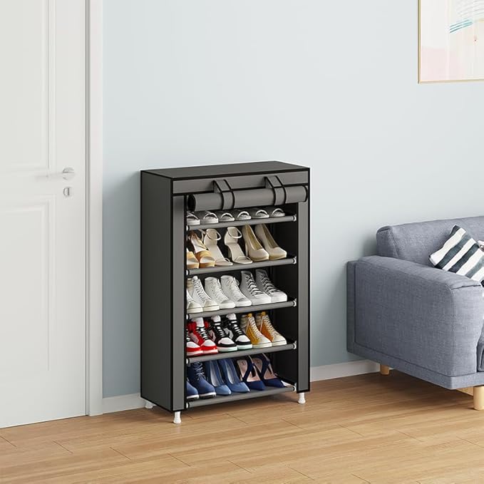 Calmootey 5 Tier Shoe Rack Organizer,Portable Shoe Shelf with Nonwoven Fabric Cover for Closet Hallway,Bedroom,Entryway,Grey