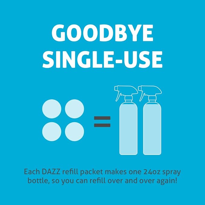 Dazz Window and Glass Cleaner Starter Kit (1 Reusable Spray Bottle, 2 Refills) Natural Cleaning Tablets - Streak Free, Eco Friendly, Non Toxic - Safe for Kids & Pets