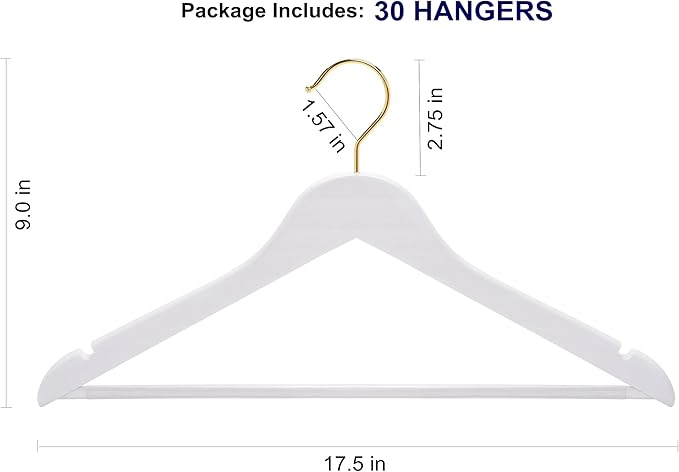 Amber Home 30 Pack White Wooden Coat Hangers with Gold Hook, White Wood Suit Hangers with Non-Slip Pant Bar, Clothes Hangers for Closet Organization, Shirts, Jackets, Dresses and Pants (White+Gold,30)