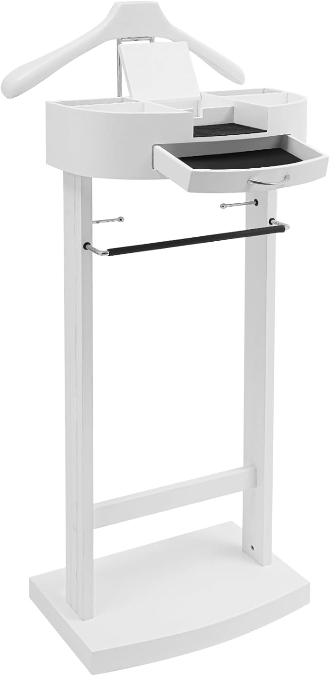 Valet Stand with Drawer and Top Tray, Wood Mens Suit Valet Stand with Wood Base, Freestanding Clothes Valet Stand with Hanger, Storage Organizer for Entryway Office Living Room (B, White)