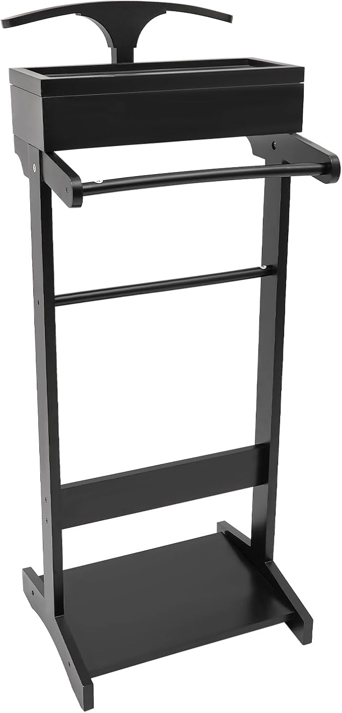 TFCFL Wooden Suit Rack with Drawer & Trouser Holder, Multi-functional Coat Stand for Hats/Scarves/Belts, Space-Saving Standing Suit Valet Stand for Home/Office, 22lbs Load Capacity (Black)