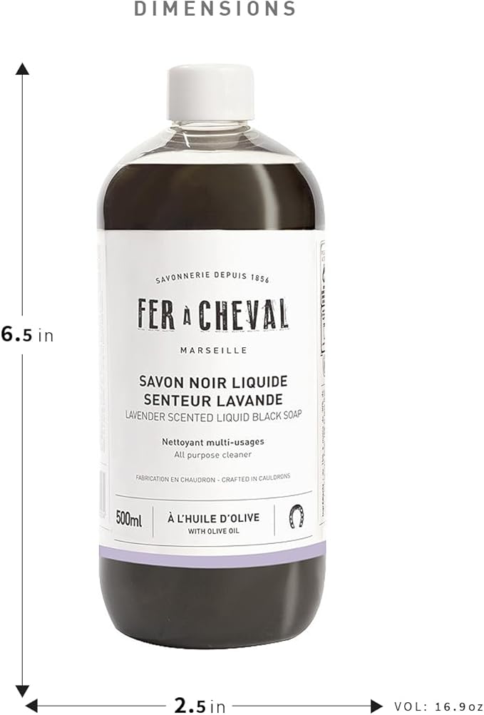 Fer à Cheval Liquid Black Soap All Purpose Cleaner with Olive Oil, Concentrated Multi-Use Cleaner for Home Surfaces, 500 ml / 16.9 fl oz, Lavender