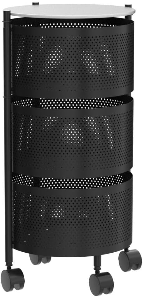 Vegetables Storage Basket, Rotating Storage Shelves Basket Carts Rack Organizer Bin on Rolling Wheels in Kitchen Household for Fruits Grocery Corns Potatos-(3-tier,White)