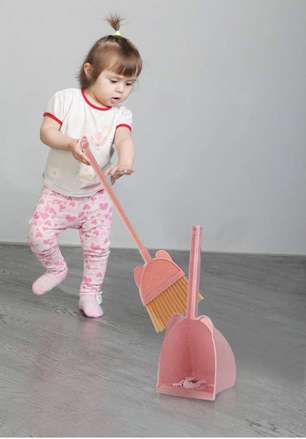 Mini Broom with Dustpan for Kids,Little Housekeeping Helper Set (Pink)