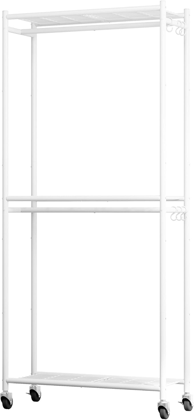 Sakugi Clothes Rack - 33.0" x 12.2" x 79.5" Clothing Rack with Shelves & Wheels, Multi-Functional Wardrobe Closet with Hooks, Sturdy Metal Garment Rack for Bedroom, Laundry, Balcony (White)