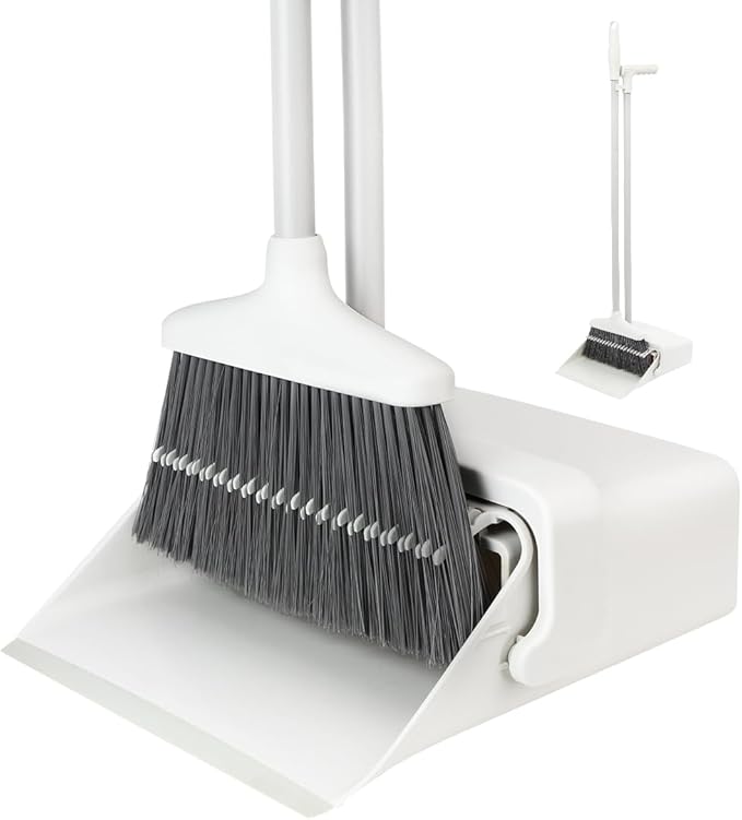 CQT Broom and Dustpan Set with Handle, Brush and Dustpan Set for Home Kitchen Cleaner Floor Sweeping Upright Stand Up Dust pan Cleans Combo (White)