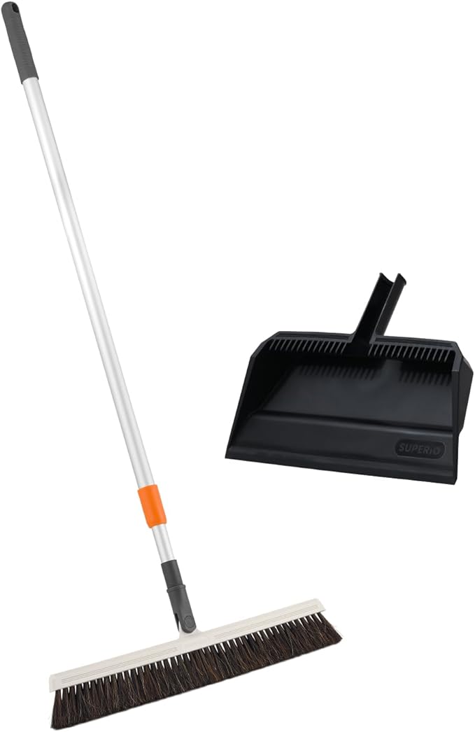 Superio 18" Horse Hair Upright Broom with Telescopic Handle & 16" Black Dustpan with Comb, Rubber Lip & Clip – Narrow Thin Dust Broom for Dog Hair – Hardwood & Tile Floor Cleaning Set – Gray/Black