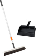 Superio 18" Horse Hair Upright Broom with Telescopic Handle & 16" Black Dustpan with Comb, Rubber Lip & Clip – Narrow Thin Dust Broom for Dog Hair – Hardwood & Tile Floor Cleaning Set – Gray/Black