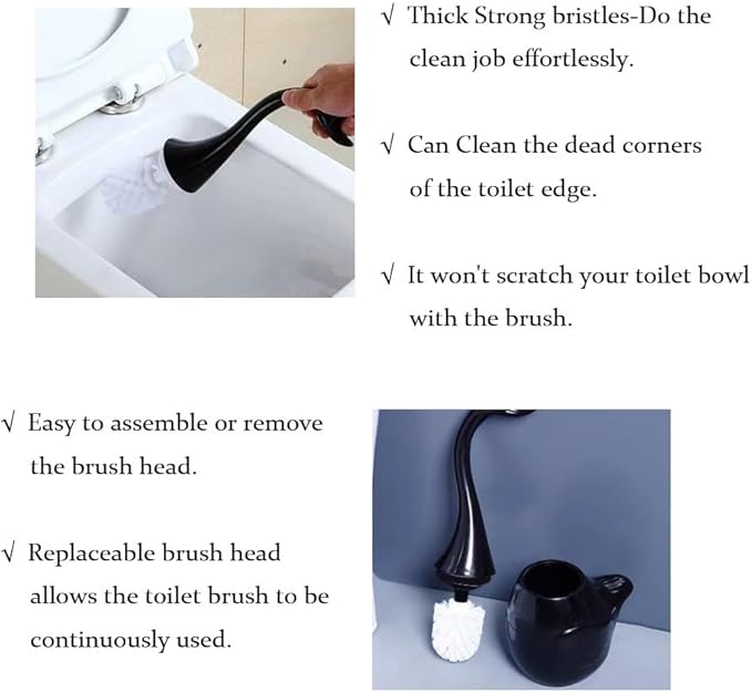 Black Toilet Brush and Holder,Cute Bathroom Decor Ceramic Toilet Bowl Brush Holder Household Cleaning Tool for Bathtub