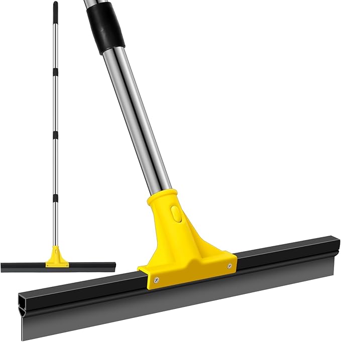 Floor Squeegee for Concrete and Tile Cleaning, 24'' Heavy Duty Rubber Wiper with 60'' Long Adjustable Handle Water Scraper for Bathroom Shower Glass Garage Glass Window(Yellow