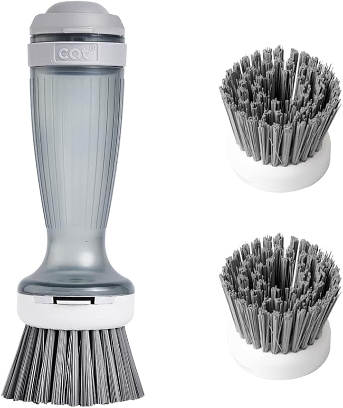 CQT Dish Brush with Soap Dispenser – One-Press Suds, Built-in Scrubbing Pad, Non-Slip Handle for Pots, Pans & Non-Stick Cookware – Includes 2 Refill Heads