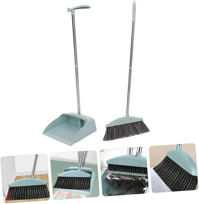 PRETYZOOM Long Handle Broom and Dustpan Non Stick Hair Cleaning Accessories for Home Kitchen Office Floor Sweeping Lightweight and Two Combo in Light Blue