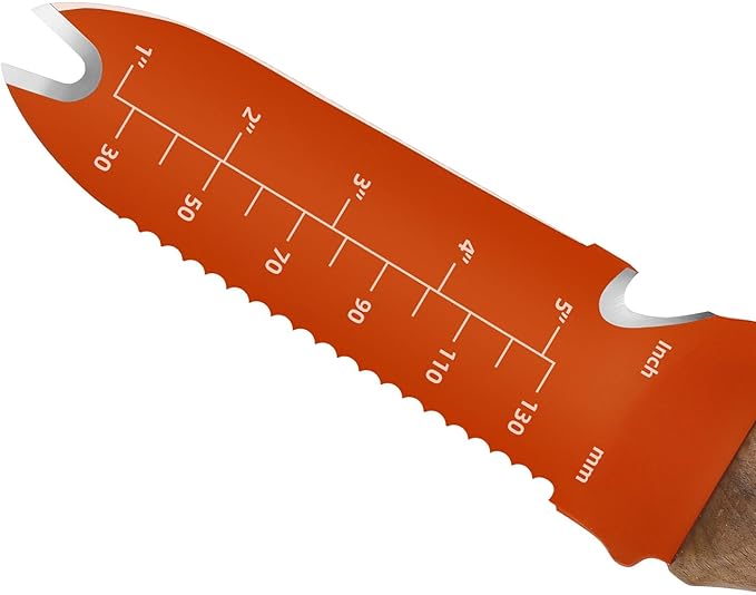 Hori Hori Garden Knife Orange Garden Multitool with Sheath for Weeding,Planting,Digging Stainless Steel Blade with Cutting Edge, Full-Tang Walnut Wood Handle with Hanging Hole