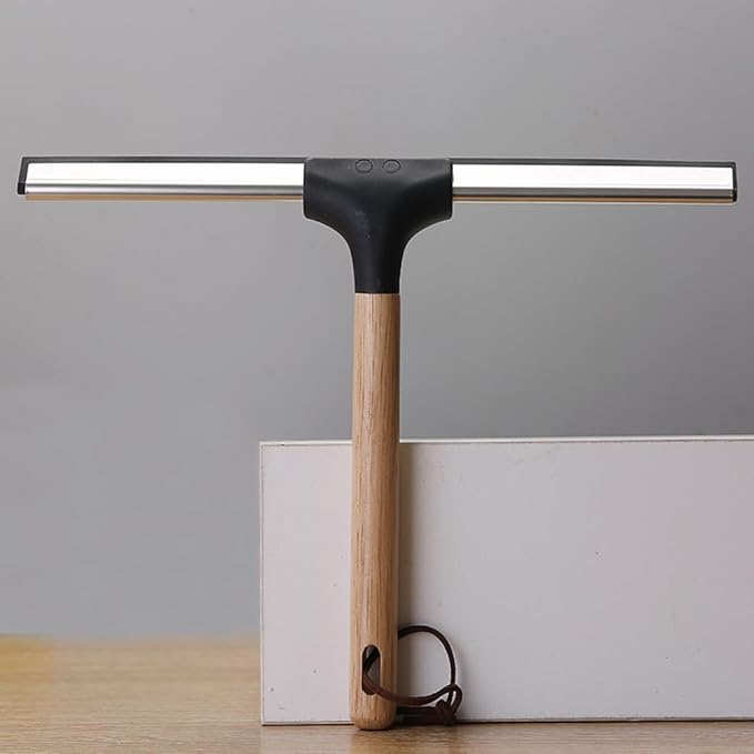 10 Inch Shower Squeegee with Wooden Handle Silicone Blade Glass Wiper for Bathroom Doors Mirrors Windows Household Cleaning Tool Water Scraper for Soap Scum Removal Home Decor