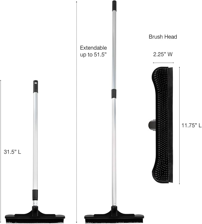 ForPro Extendable Salon Broom, Non-Scratch Rubber Bristles, Aluminum Handle Adjustable to 51.5”, Ideal for Pet Hair, Lint, Dust, Dirt, Black