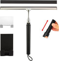 Shower Squeegee with Long Handle – Includes Replacement Silicone Blade, Extendable 13" to 48", 14" Wide for Glass, Mirrors, Windows, Bathroom Tiles & Walls, Telescopic Wiper with Hooks (Black)