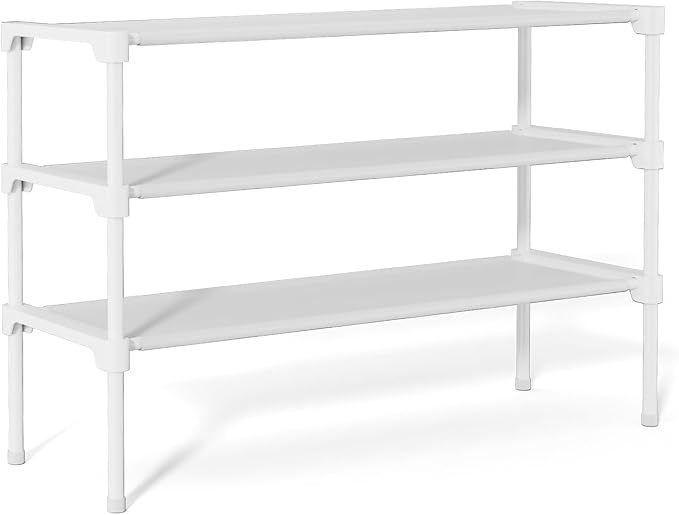 34" Widening Design Shoe Rack for Closet 16 Pairs Small Spaces Non-Woven 3 Tier Shoe Organizer Stackable Metal Shoe Shelf for Entryway, Bedroom White