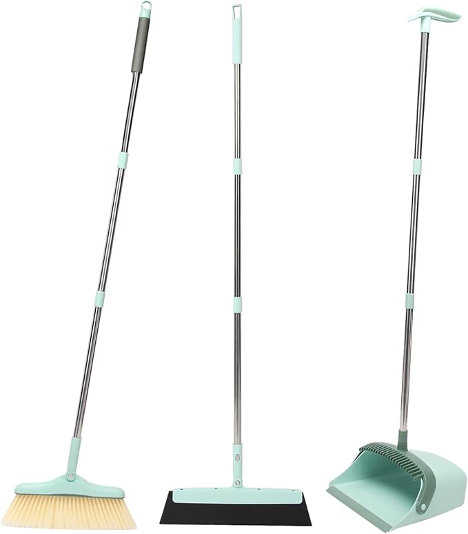Broom and Dustpan Set,Squeegee Broom,Long Handle Broom and Dustpan Set,Broom with Stand Up Dustpan Combo Set,Squeegee - Kit for Indoor Cleaning 2+1 for Home, Office, Lobby(Green)