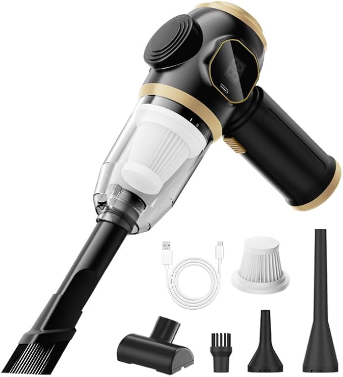 Brushless Motor Portable Cordless Car Vacuum Cleaner – 25000 Pa High Power, LCD Display, Rechargeable Handheld Vacuum for Car, Home, Office | Efficiently Removes Pet Hair, Sofa (Black & Gold)