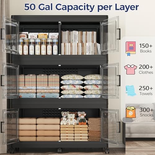 250GAL Extra Large Storage Bins with Lid, 1000Qt Stackable Closet Organizers and Drawers, Collapsible Storage Bins with Wheels, Folding Containers for Home, Kitchen Office, 5Pack Black