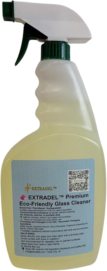 EXTRADEL™ Premium 32 fl oz Eco-Friendly Glass Cleaner, Plant-Based, Streak-Free, Light Naturally-Derived Scent, Biodegradable Spray
