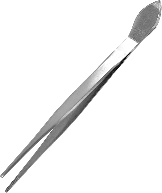 KAKURI Bonsai Tweezers Straight Serrated Tips with Spatula 8.8" - Made in Japan - Professional Bonsai Care Tool - Japanese Stainless Steel