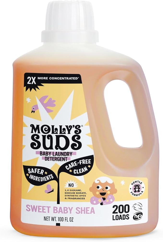 Molly's Suds Baby Liquid Laundry Detergent | Removes Formula, Poop & Spit-Up Stains | Extra Gentle for Infants, Babies, Toddlers (Sweet Baby Shea, 200 Loads)