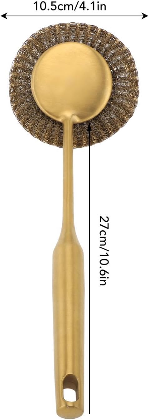 Stainless Steel Wool Scrubber with Long Handle, Handheld Scrubbing Cleaner Brush Scrubbing Scouring Pad Cleansing Supplies for Pots Pans Grills (Gold)