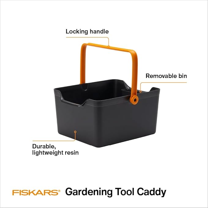Fiskars Garden Tool Caddy, Portable Storage Organizer with Removable Bin for Snips & Pruners, Durable Recycled Resin Carrier for Indoor & Outdoor Gardening, Locking Handle & Wall Mount