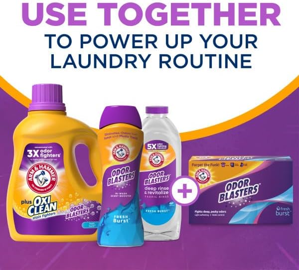 ARM & HAMMER Plus OxiClean with Odor Blasters Liquid Laundry Detergent, Laundry Odor Remover, Attacks Stains, Fresh Burst Scent, 74 Loads, 96.2 Fl Oz