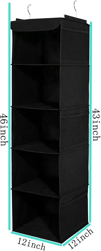 BrilliantJo 2 Pack Hanging Closet Organizer, 5 Shelves Hanging Storage with 6 Side Pockets for Clothes Shoes, 43"x12"x12"(Black)
