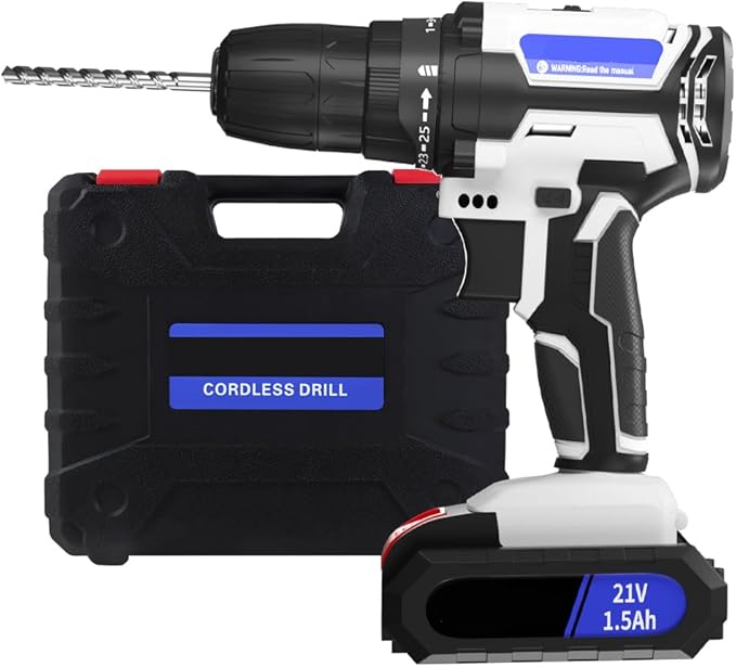 Cordless Drill Set, 21V Electric Power Drill Driver Kits, 19+1 Position Power Drill Kit With 1.5Ah Battery & 1H Fast Charger, 2 Variable Speed Drill LED Light Tool Box Set for Home Repair Tool Kit
