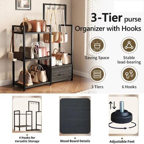 Industrial 4-Tier Storage Shelf with Drawer & Hanging Hooks - Metal & Wood Entryway Organizer Rack for Bedroom, Living Room - Freestanding Clothing Coat Rack with Multi-Level Shelves (Black)