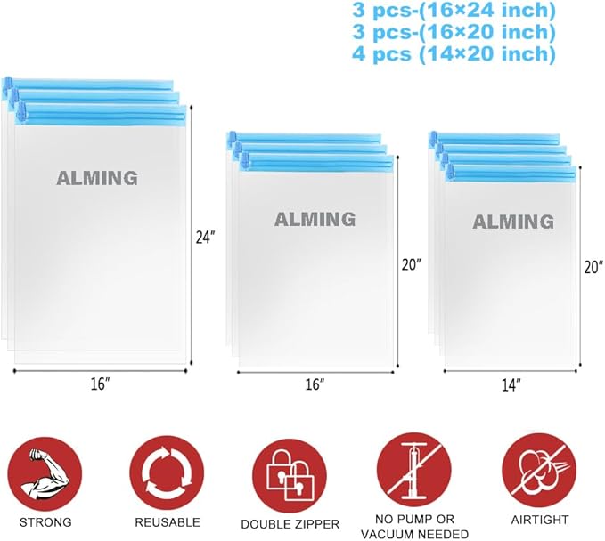 ALMING Compression Bags - Travel Accessories - 10 Pack Space Saver Bags - No Vacuum or Pump Needed - Vacuum Storage Bags for Travel Essentials - Home Packing-Organizers (Blue)